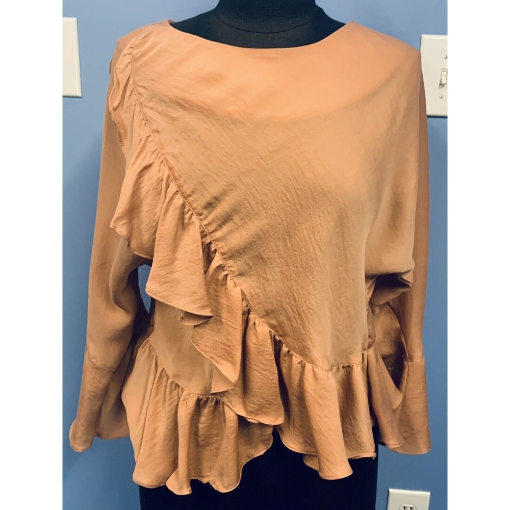 TOPSHOP Size 4 Boho Peach 3/4 Sleeve Ruffle Blouse Shirt EUC
